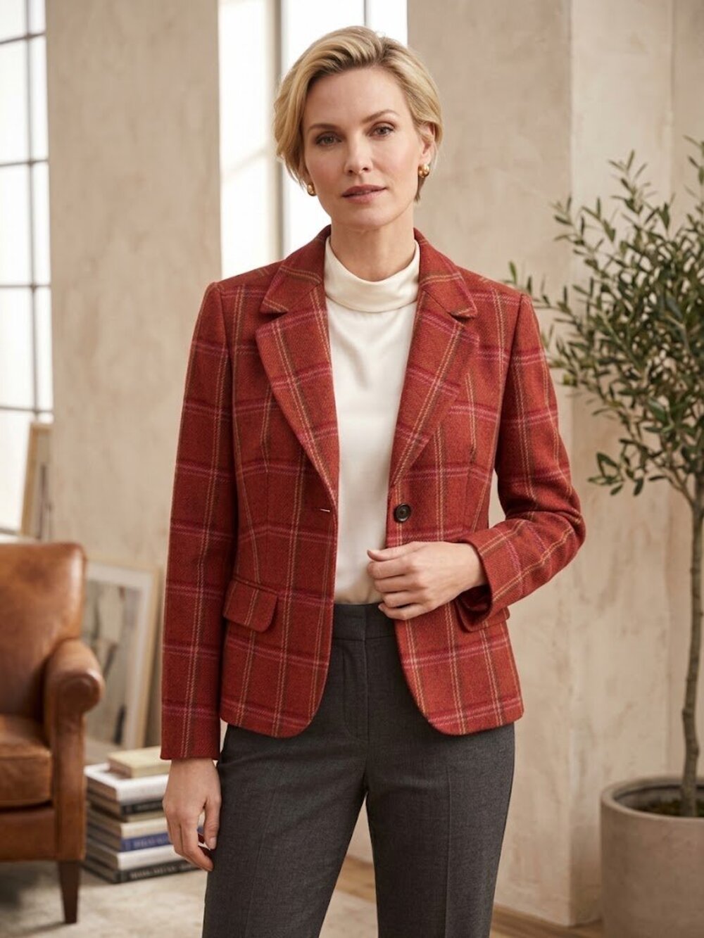 Talbots 100% Wool Plaid Blazer with Flap Pockets in Red